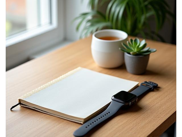 A collection of items representing a digital detox: a journal, a cup of tea, a small plant, and a smartwatch turned face down, symbolizing disconnecting.