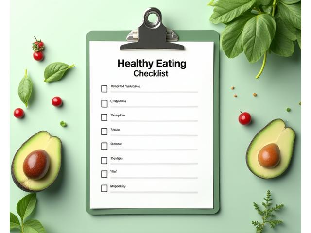 A clean checklist on a clipboard with a pen, featuring healthy food icons and checkmarks, titled 'Healthy Eating Checklist'.