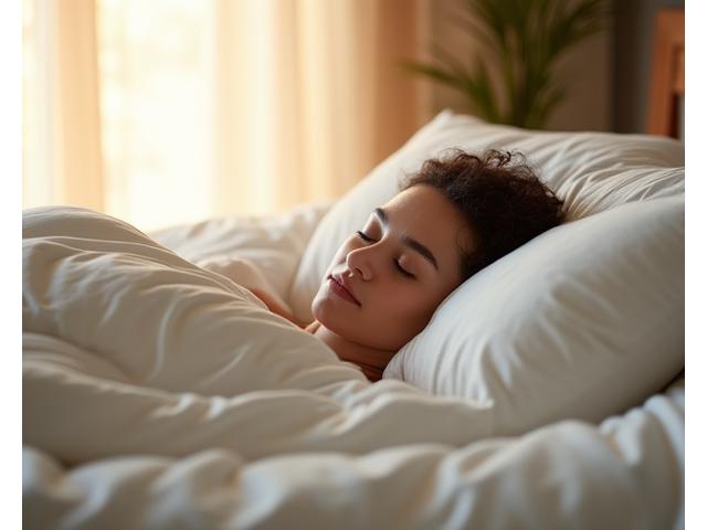 A person peacefully asleep in a bed with soft, clean linens, bathed in gentle morning light, emphasizing calm and restorative sleep.