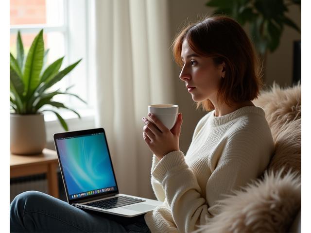 A person in their late 30s enjoying a morning coffee while reading digital health content on a laptop, a plant in the background, signaling calm and informed start to the day.