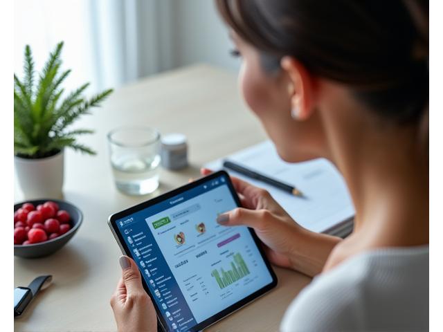 A woman in her 40s reviewing a personalized wellness plan on a tablet, with fitness trackers and healthy food nearby, symbolizing data-driven health.