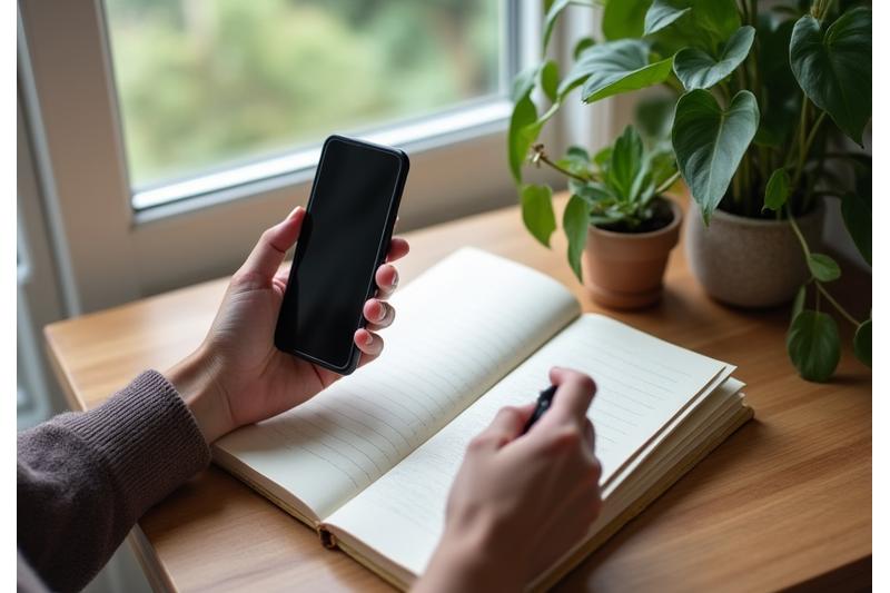 A person has put their smartphone and laptop aside, engaging in an outdoor activity like reading a physical book or gardening, symbolizing a break from digital devices.