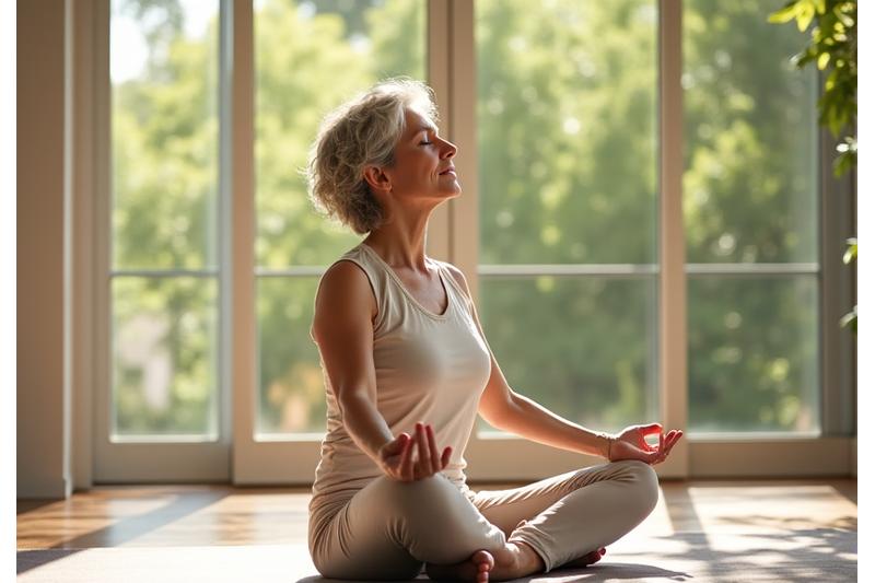 A serene woman in her late 40s or early 50s practicing gentle yoga or meditation in a sunlit room, symbolizing graceful aging and inner peace.