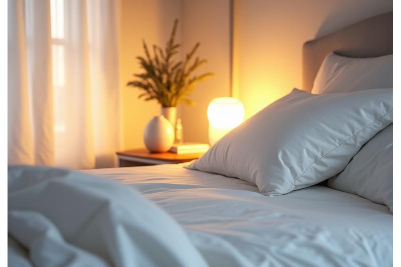 A serene bedroom scene with soft, warm lighting, a comfortable bed, and elements promoting relaxation like dim lighting and minimal distractions, symbolizing peaceful deep sleep.