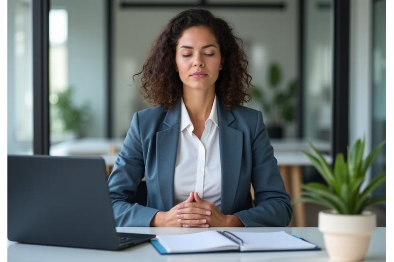 A business professional in their 40s practicing a momentary mindful breathing exercise at their desk or in a calm office space, showing effective stress reduction techniques.