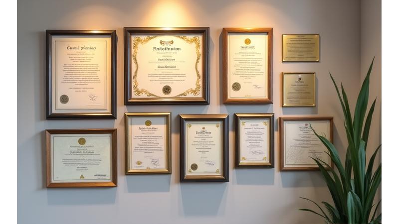 A collage of professional certifications, badges, and recognition plaques displayed neatly on a wall, symbolizing the team's expertise and industry validation.