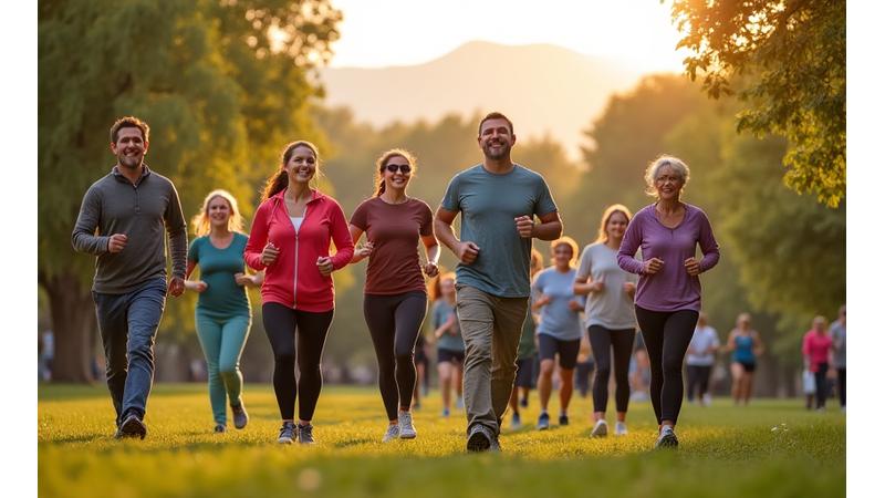 A diverse group of mature adults engaging in various healthy, active lifestyle activities around iconic Denver landmarks, suggesting communal wellness.
