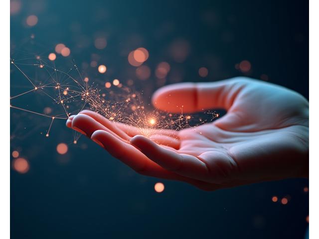 Abstract depiction of data flowing seamlessly between a human hand and a glowing digital interface, symbolizing the integration of technology and expertise.