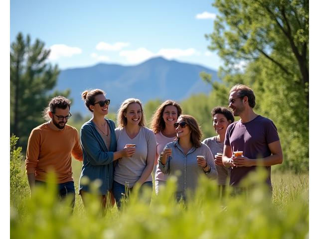 A diverse group of adults 35+ enjoying an outdoor wellness meetup in a Denver park with mountains in the background, laughing and interacting, highlighting local connections.