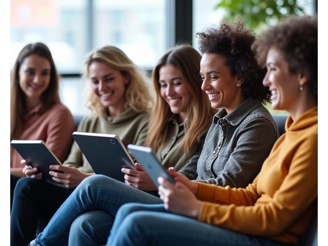 Diverse group of adults 35+ actively participating in a friendly online discussion on tablets and laptops, smiling and engaged, with a subtle Denver skyline in the background, conveying connection and support.