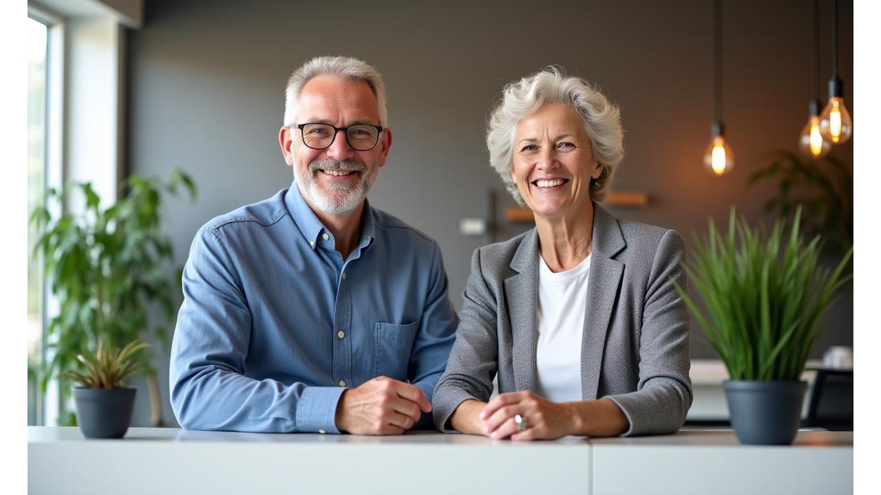 Two diverse adults, one man and one woman, in their late 40s to early 50s, smiling warmly at a visitor in a modern, light-filled office reception area. They are positioned behind a minimalist desk, embodying professionalism and approachability against a backdrop of subtle, calming green and terracotta hues. They represent Garnet Guide staff ready to assist.