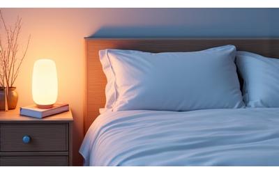 A serene bedroom scene with a comfortable bed, soft lighting, and sleep-enhancing products like a smart sleep tracker and an aromatherapy diffuser.