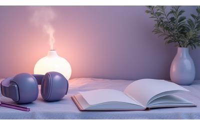 A tranquil setting with stress management tools such as a meditation cushion, essential oil diffuser, noise-cancelling headphones, and a journal, promoting calm.