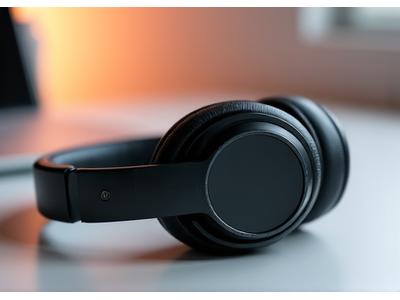 A pair of sleek, modern noise-cancelling headphones resting on a minimalist desk with a subtle light source, suggesting calm and focus.