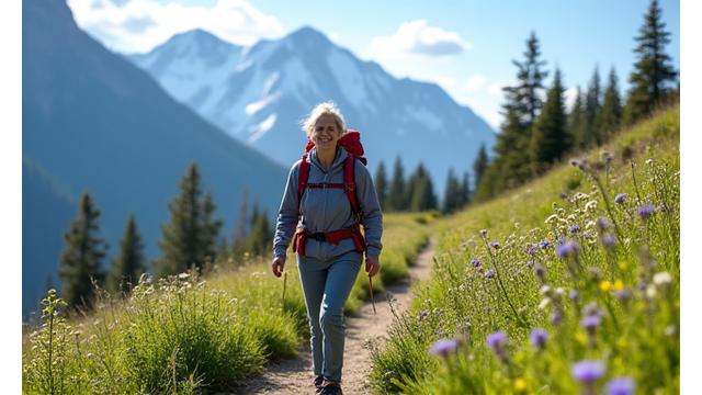 A person walking on a scenic trail in the Rocky Mountains near Denver, depicting seasonal health tips