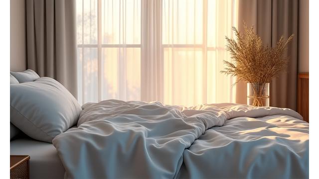 A serene bedroom with soft lighting, hinting at optimized sleep for busy professionals