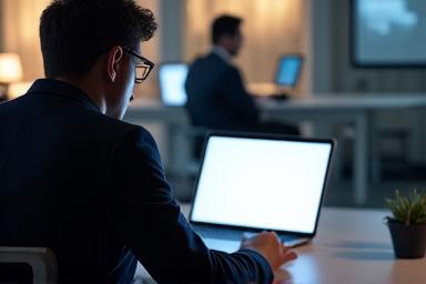 Abstract depiction of a highly focused individual at a computer screen, with distractions fading into the background.