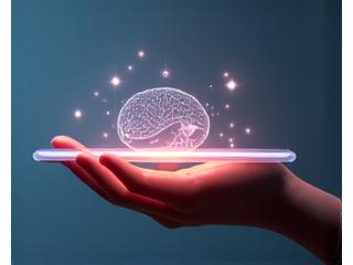 Iconographic image representing mindful interaction with a tablet, focusing on intentional use.