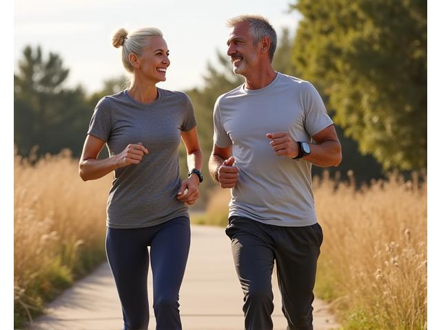 Dynamic image of a man and woman aged 40-50 engaged in moderate, joyful exercise like brisk walking or light weights