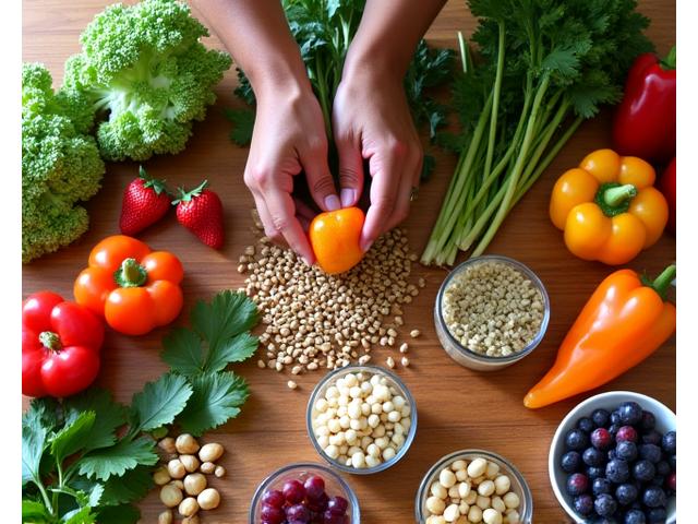 Spread of vibrant, fresh, healthy ingredients on a wooden table, emphasizing mindful eating