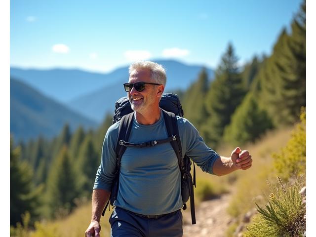 Energetic man in his early 50s hiking in the Denver mountains, looking strong