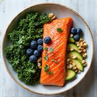 A colorful plate of brain-healthy foods like berries, walnuts, dark leafy greens, and salmon, representing nutrition for neuroprotection.