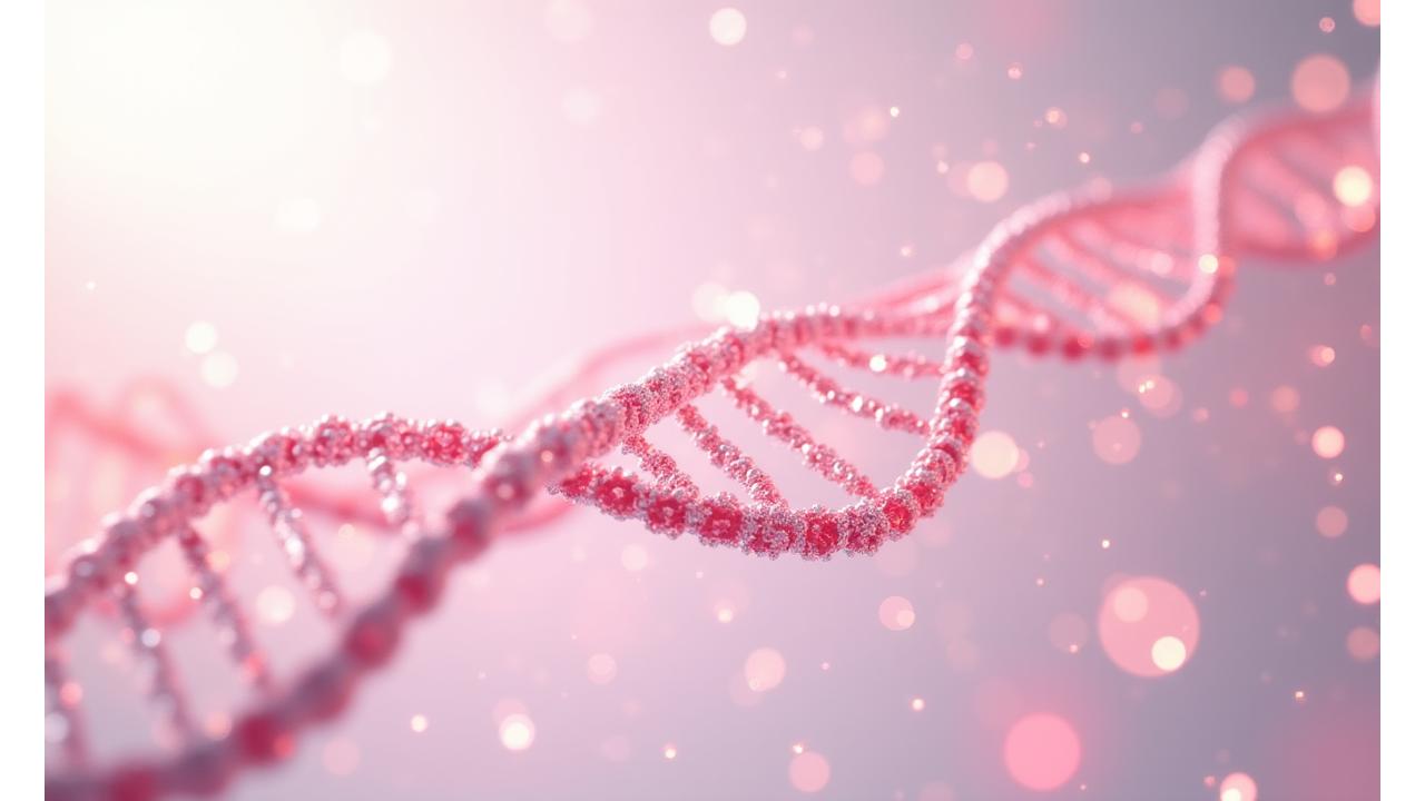 Abstract visualizing DNA helix intertwining with nutritional elements and biometric data points, representing personalized health data analysis.