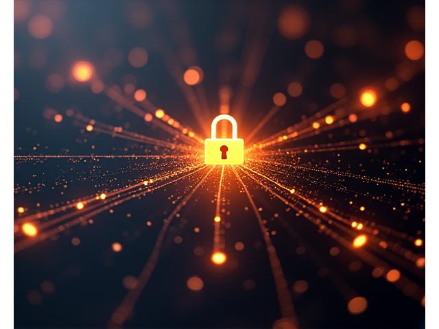 Abstract depiction of encrypted data flowing securely, with padlock icons and complex network lines, emphasizing digital security.