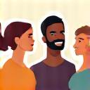Diverse group of adults in conversation within a circular icon, symbolizing supportive community interaction.