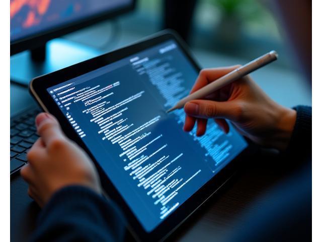 A person carefully examining a complex data visualization on a tablet, symbolizing technical analysis and bug reporting.