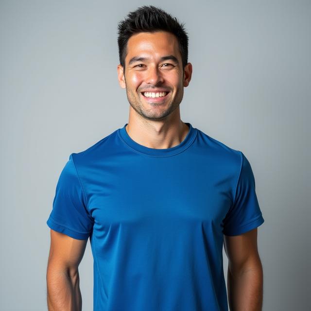 Portrait of David Lee, a energetic fitness coach demonstrating a healthy posture.