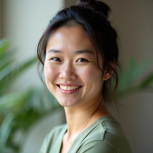 Portrait of Sarah Chen, a mindful meditation teacher with a calming presence.