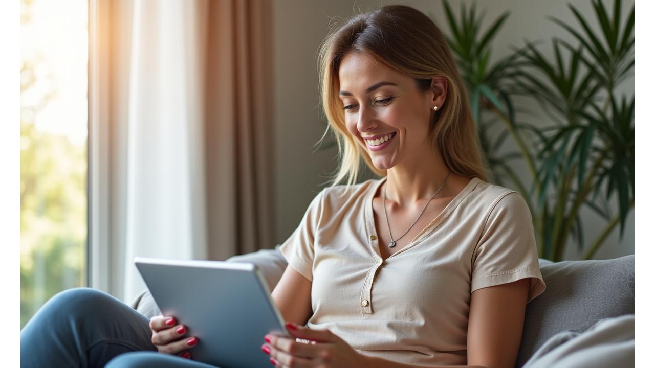 Woman attending a virtual wellness workshop on a tablet, with a vibrant and engaged expression.