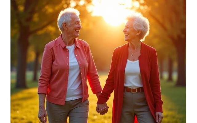 Mature couple laughing and walking hand-in-hand in a park, symbolizing mindful aging.