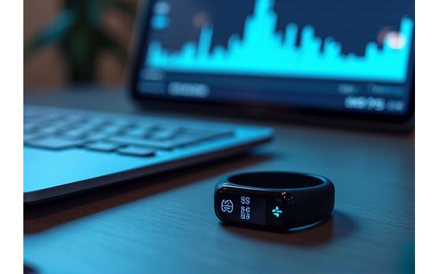 Data visualizations and wearable health tech on a desk, illustrating personalized precision health.