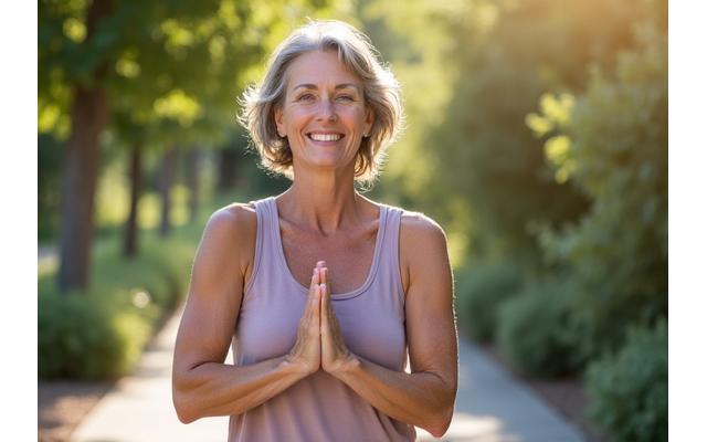 Woman in her 40s doing gentle yoga outdoors, smiling, representing sustainable fitness.